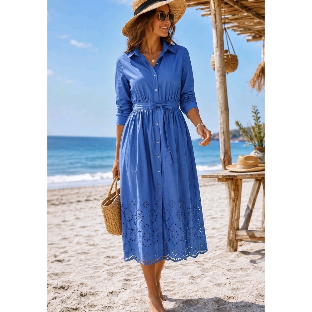 Free Assembly Blue Eyelet Shirt Dress Cotton Midi Button Front S NWT - Picture 1 of 11